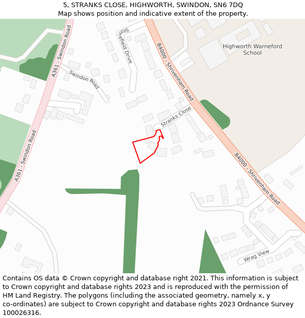 5, STRANKS CLOSE, HIGHWORTH, SWINDON, SN6 7DQ: Location map and indicative extent of plot