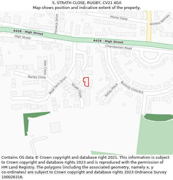 5, STRATH CLOSE, RUGBY, CV21 4GA: Location map and indicative extent of plot