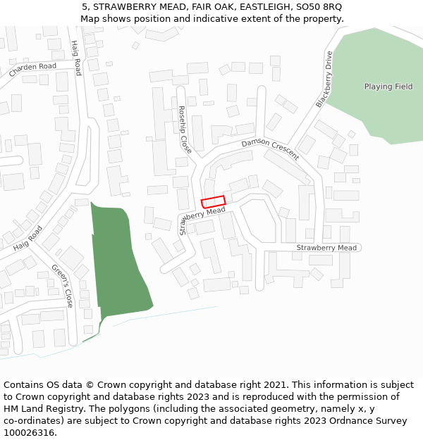 5, STRAWBERRY MEAD, FAIR OAK, EASTLEIGH, SO50 8RQ: Location map and indicative extent of plot