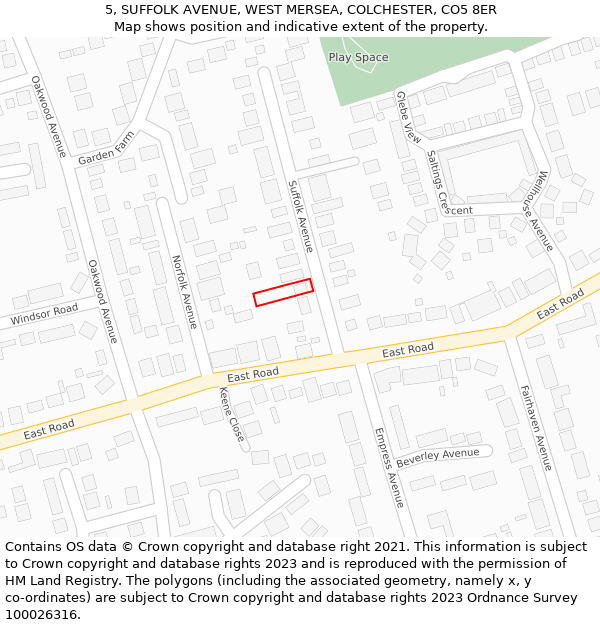 5, SUFFOLK AVENUE, WEST MERSEA, COLCHESTER, CO5 8ER: Location map and indicative extent of plot