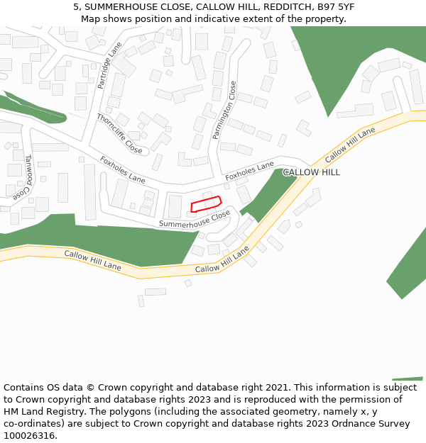 5, SUMMERHOUSE CLOSE, CALLOW HILL, REDDITCH, B97 5YF: Location map and indicative extent of plot
