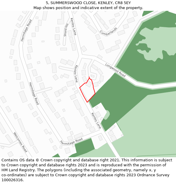 5, SUMMERSWOOD CLOSE, KENLEY, CR8 5EY: Location map and indicative extent of plot