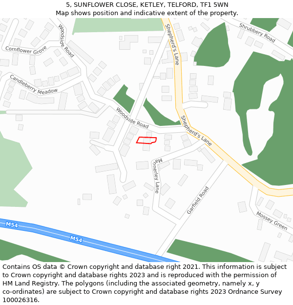 5, SUNFLOWER CLOSE, KETLEY, TELFORD, TF1 5WN: Location map and indicative extent of plot