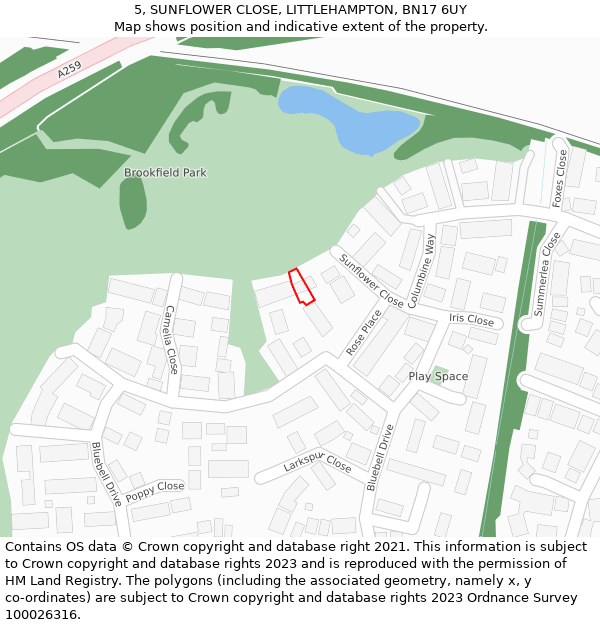 5, SUNFLOWER CLOSE, LITTLEHAMPTON, BN17 6UY: Location map and indicative extent of plot