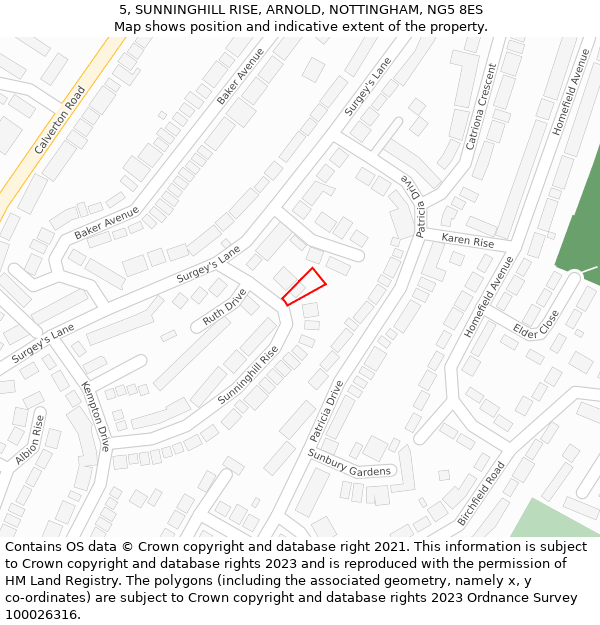 5, SUNNINGHILL RISE, ARNOLD, NOTTINGHAM, NG5 8ES: Location map and indicative extent of plot