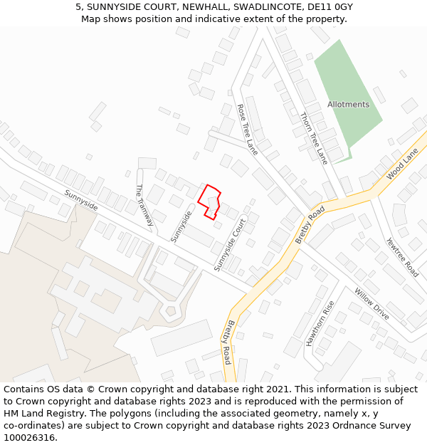 5, SUNNYSIDE COURT, NEWHALL, SWADLINCOTE, DE11 0GY: Location map and indicative extent of plot