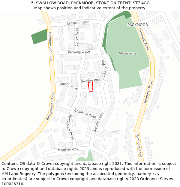 5, SWALLOW ROAD, PACKMOOR, STOKE-ON-TRENT, ST7 4GG: Location map and indicative extent of plot