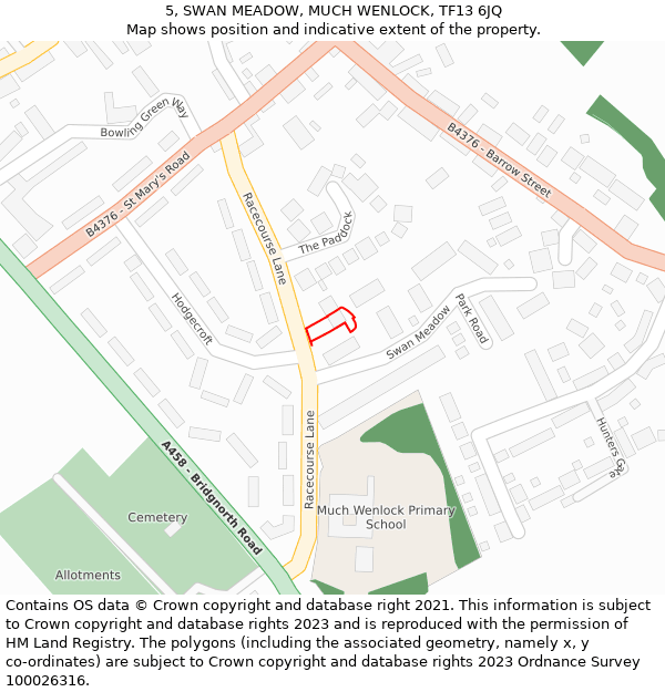 5, SWAN MEADOW, MUCH WENLOCK, TF13 6JQ: Location map and indicative extent of plot