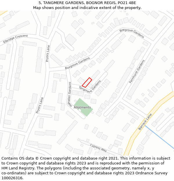 5, TANGMERE GARDENS, BOGNOR REGIS, PO21 4BE: Location map and indicative extent of plot