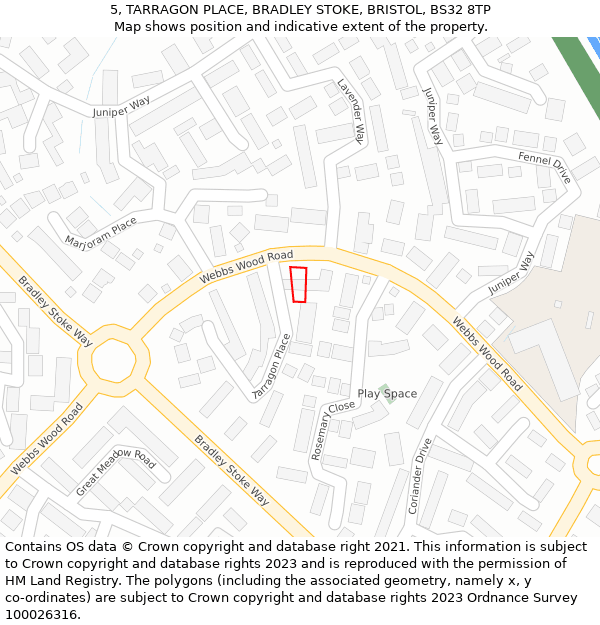 5, TARRAGON PLACE, BRADLEY STOKE, BRISTOL, BS32 8TP: Location map and indicative extent of plot