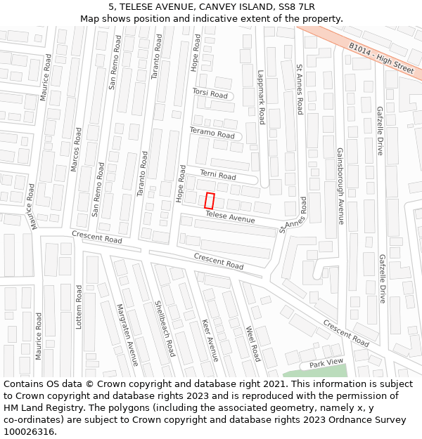 5, TELESE AVENUE, CANVEY ISLAND, SS8 7LR: Location map and indicative extent of plot