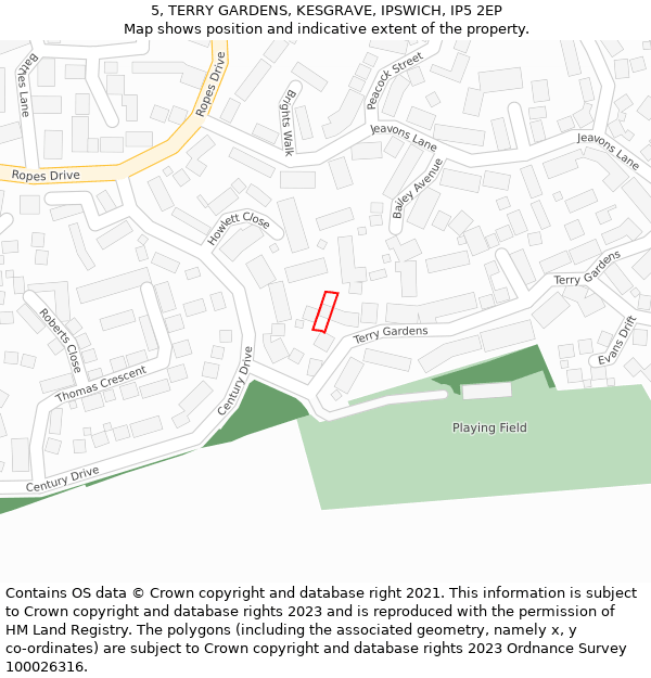 5, TERRY GARDENS, KESGRAVE, IPSWICH, IP5 2EP: Location map and indicative extent of plot