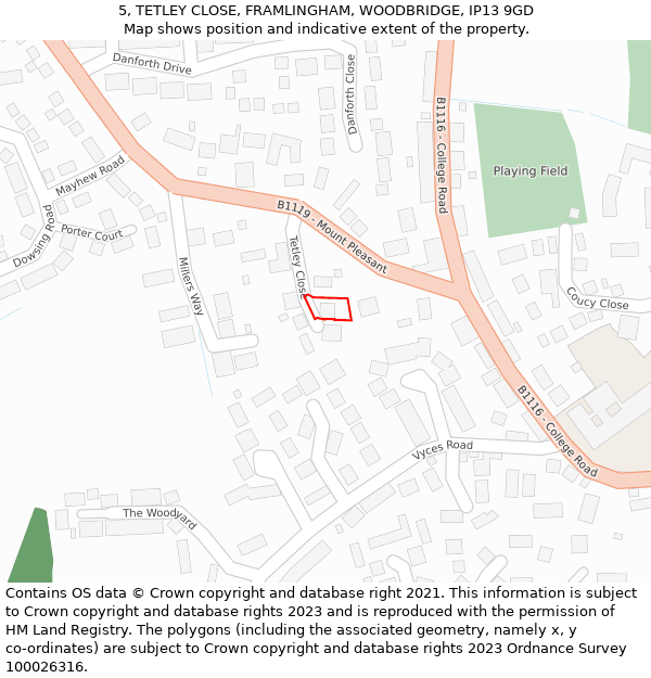 5, TETLEY CLOSE, FRAMLINGHAM, WOODBRIDGE, IP13 9GD: Location map and indicative extent of plot