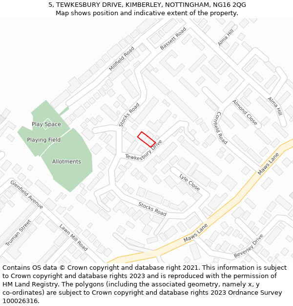 5, TEWKESBURY DRIVE, KIMBERLEY, NOTTINGHAM, NG16 2QG: Location map and indicative extent of plot