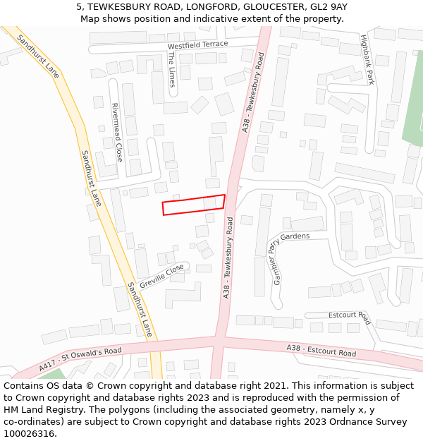 5, TEWKESBURY ROAD, LONGFORD, GLOUCESTER, GL2 9AY: Location map and indicative extent of plot