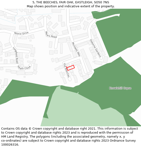 5, THE BEECHES, FAIR OAK, EASTLEIGH, SO50 7NS: Location map and indicative extent of plot