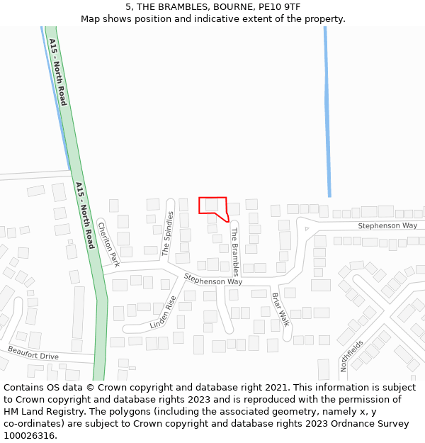 5, THE BRAMBLES, BOURNE, PE10 9TF: Location map and indicative extent of plot