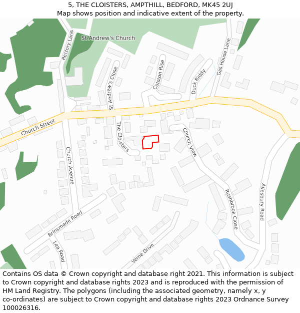 5, THE CLOISTERS, AMPTHILL, BEDFORD, MK45 2UJ: Location map and indicative extent of plot