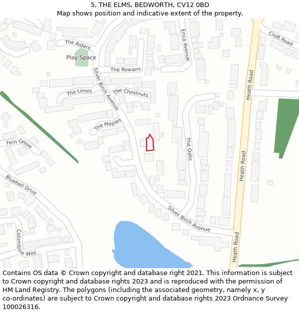 5, THE ELMS, BEDWORTH, CV12 0BD: Location map and indicative extent of plot