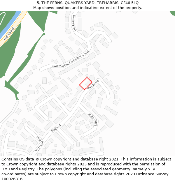 5, THE FERNS, QUAKERS YARD, TREHARRIS, CF46 5LQ: Location map and indicative extent of plot