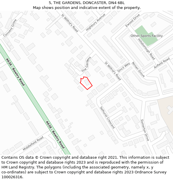 5, THE GARDENS, DONCASTER, DN4 6BL: Location map and indicative extent of plot