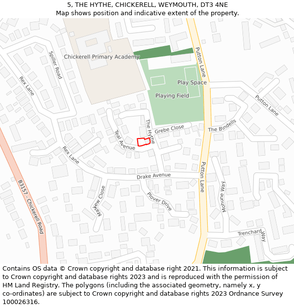 5, THE HYTHE, CHICKERELL, WEYMOUTH, DT3 4NE: Location map and indicative extent of plot