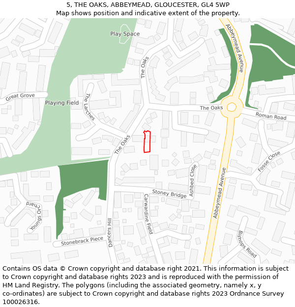 5, THE OAKS, ABBEYMEAD, GLOUCESTER, GL4 5WP: Location map and indicative extent of plot