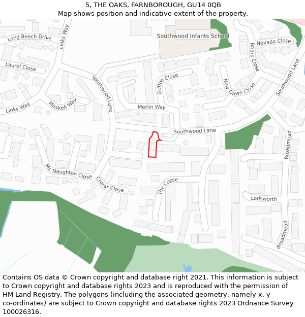 5, THE OAKS, FARNBOROUGH, GU14 0QB: Location map and indicative extent of plot