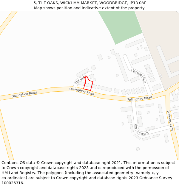 5, THE OAKS, WICKHAM MARKET, WOODBRIDGE, IP13 0AF: Location map and indicative extent of plot