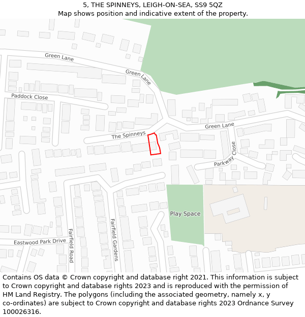 5, THE SPINNEYS, LEIGH-ON-SEA, SS9 5QZ: Location map and indicative extent of plot