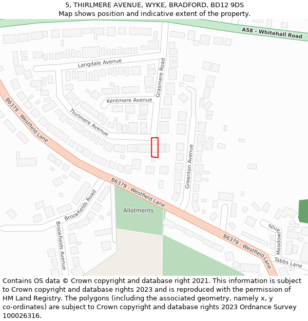 5, THIRLMERE AVENUE, WYKE, BRADFORD, BD12 9DS: Location map and indicative extent of plot