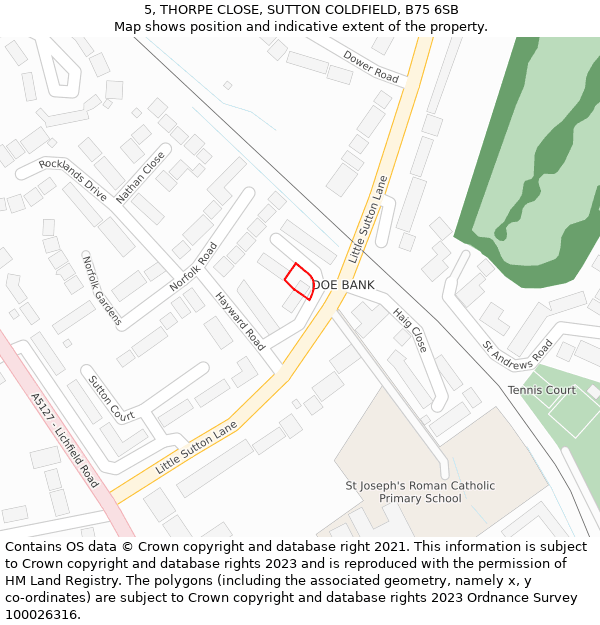 5, THORPE CLOSE, SUTTON COLDFIELD, B75 6SB: Location map and indicative extent of plot