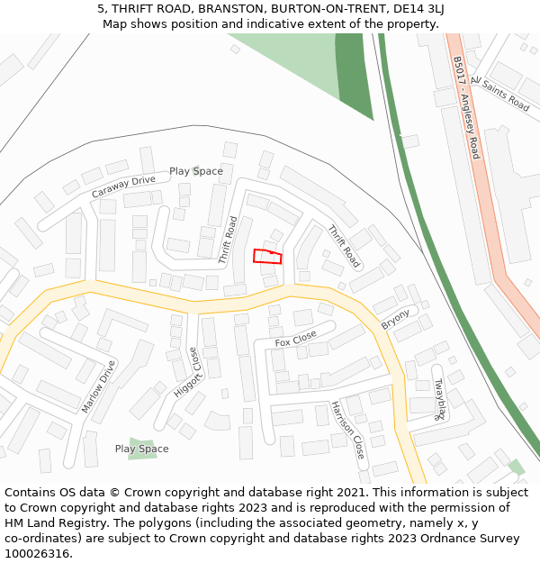 5, THRIFT ROAD, BRANSTON, BURTON-ON-TRENT, DE14 3LJ: Location map and indicative extent of plot