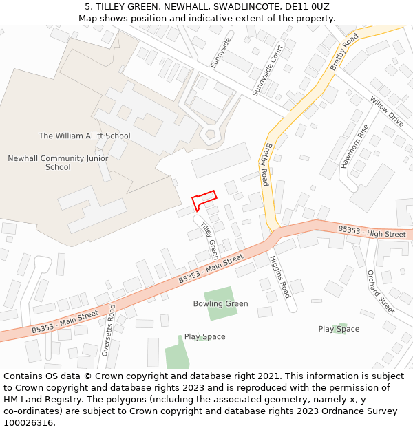 5, TILLEY GREEN, NEWHALL, SWADLINCOTE, DE11 0UZ: Location map and indicative extent of plot