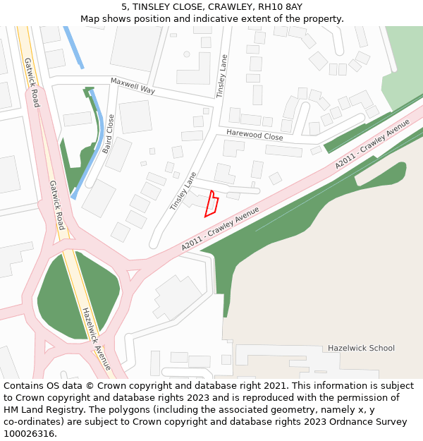 5, TINSLEY CLOSE, CRAWLEY, RH10 8AY: Location map and indicative extent of plot