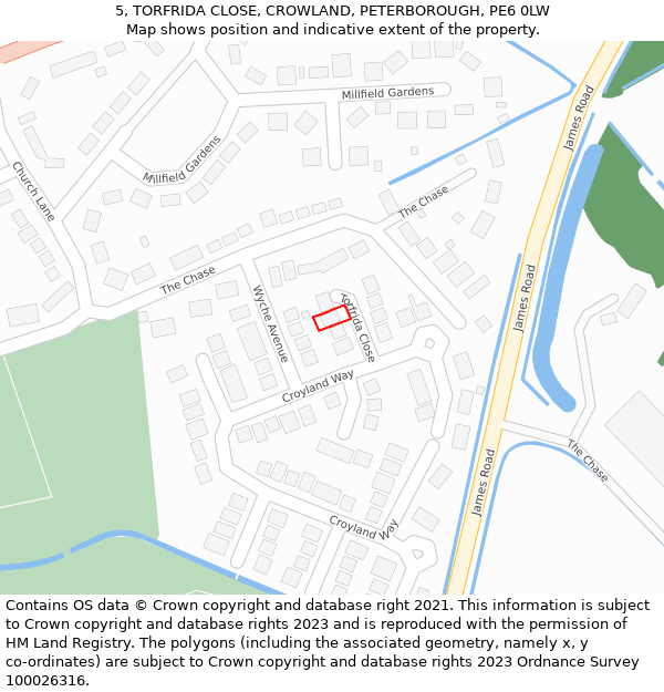 5, TORFRIDA CLOSE, CROWLAND, PETERBOROUGH, PE6 0LW: Location map and indicative extent of plot
