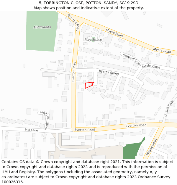 5, TORRINGTON CLOSE, POTTON, SANDY, SG19 2SD: Location map and indicative extent of plot