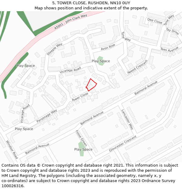5, TOWER CLOSE, RUSHDEN, NN10 0UY: Location map and indicative extent of plot