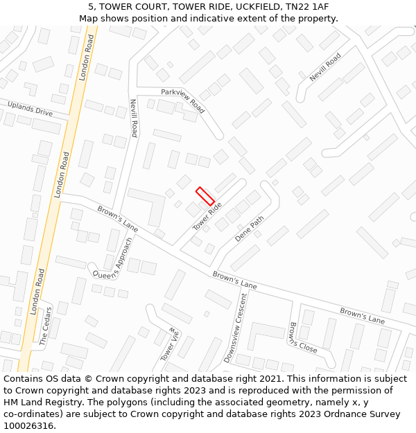 5, TOWER COURT, TOWER RIDE, UCKFIELD, TN22 1AF: Location map and indicative extent of plot