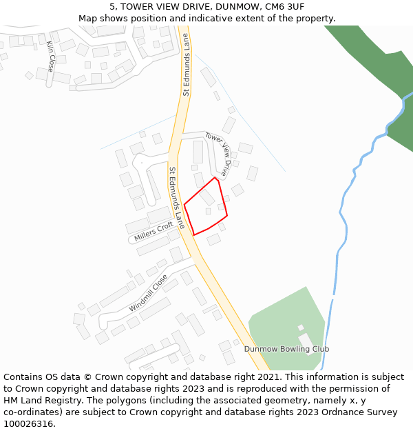 5, TOWER VIEW DRIVE, DUNMOW, CM6 3UF: Location map and indicative extent of plot
