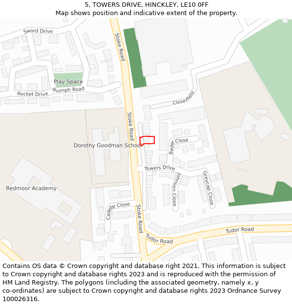 5, TOWERS DRIVE, HINCKLEY, LE10 0FF: Location map and indicative extent of plot