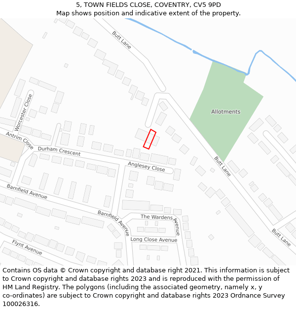 5, TOWN FIELDS CLOSE, COVENTRY, CV5 9PD: Location map and indicative extent of plot