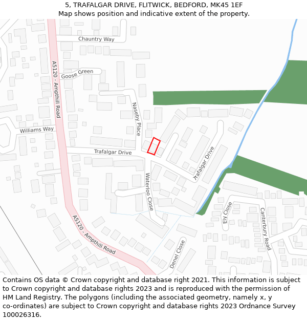 5, TRAFALGAR DRIVE, FLITWICK, BEDFORD, MK45 1EF: Location map and indicative extent of plot