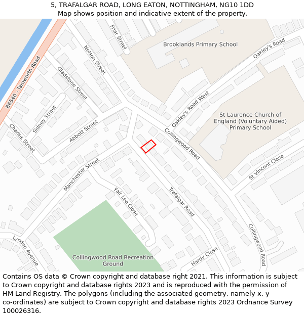 5, TRAFALGAR ROAD, LONG EATON, NOTTINGHAM, NG10 1DD: Location map and indicative extent of plot