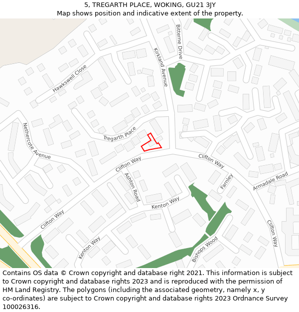 5, TREGARTH PLACE, WOKING, GU21 3JY: Location map and indicative extent of plot