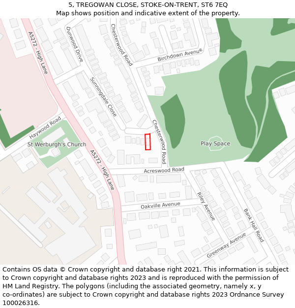 5, TREGOWAN CLOSE, STOKE-ON-TRENT, ST6 7EQ: Location map and indicative extent of plot