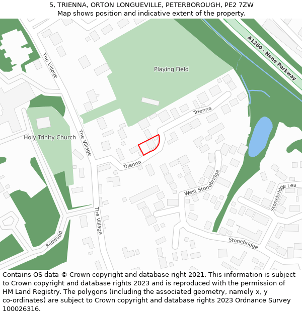 5, TRIENNA, ORTON LONGUEVILLE, PETERBOROUGH, PE2 7ZW: Location map and indicative extent of plot