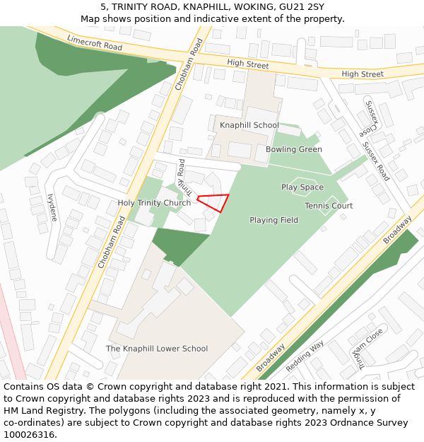 5, TRINITY ROAD, KNAPHILL, WOKING, GU21 2SY: Location map and indicative extent of plot