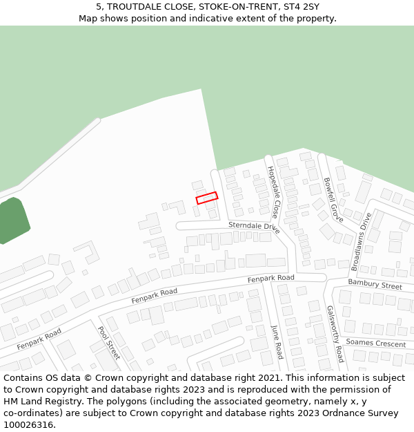 5, TROUTDALE CLOSE, STOKE-ON-TRENT, ST4 2SY: Location map and indicative extent of plot