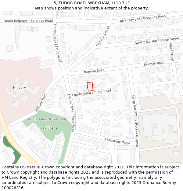 5, TUDOR ROAD, WREXHAM, LL13 7HF: Location map and indicative extent of plot